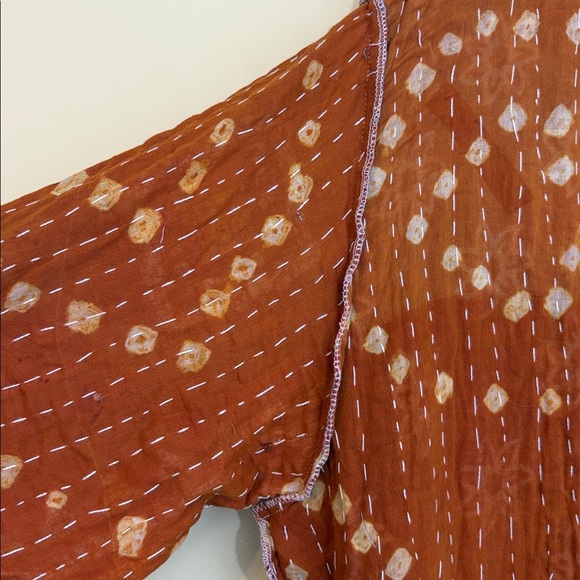 Handmade India Kantha Stitch Cotton Floral Contrast Tie Pockets Duster Cardigan - Picture 10 of 17